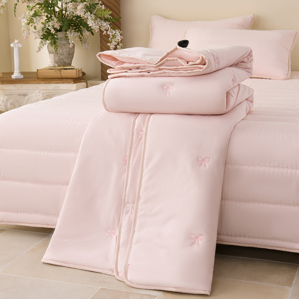 91家纺网 家纺一手货源 找家纺 推推家纺 2026新款水洗棉床盖夏被四件套 蝴蝶结-粉色