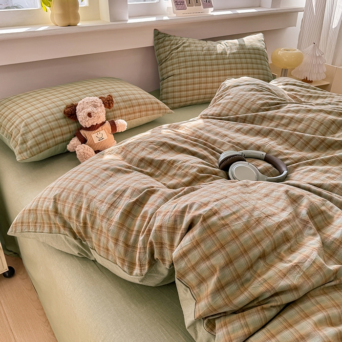 梦依依 2026新款全棉色织水洗棉拉链款单品被套 云岫绿咖