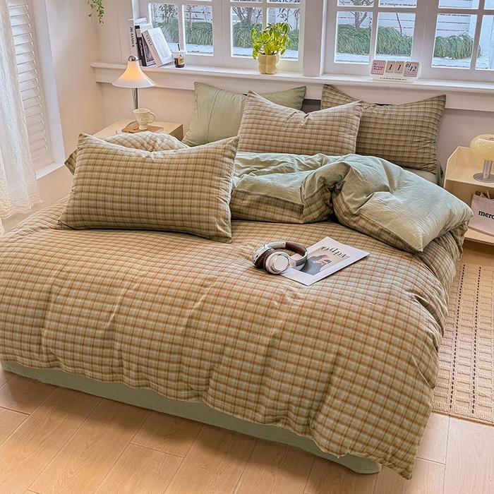 91家纺网 家纺一手货源 找家纺 梦依依 2026新款全棉色织水洗棉拉链款单品被套 云岫绿咖