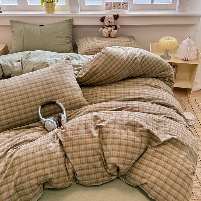 91家纺网 家纺一手货源 找家纺 梦依依 2026新款全棉色织水洗棉拉链款单品被套 云岫绿咖