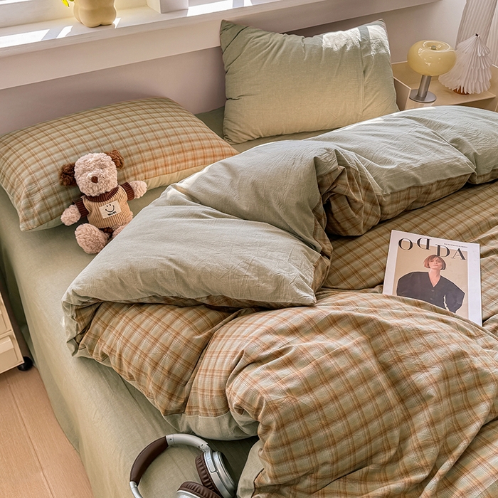 91家纺网 家纺一手货源 找家纺 梦依依 2026新款全棉色织水洗棉拉链款单品被套 云岫绿咖