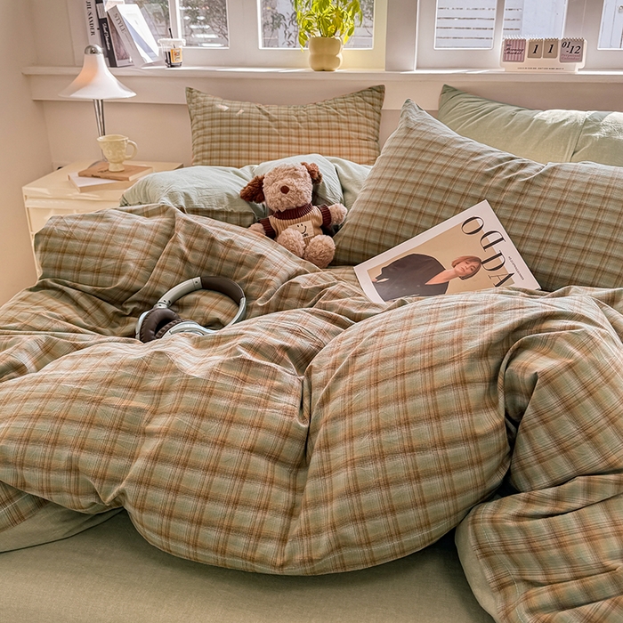 91家纺网 家纺一手货源 找家纺 梦依依 2026新款全棉色织水洗棉拉链款单品被套 云岫绿咖