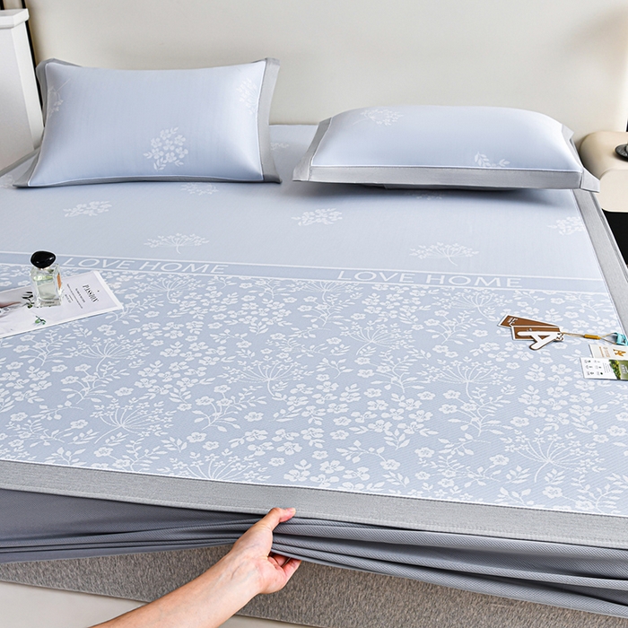 91家纺网 家纺一手货源 找家纺 小牛席业 2026春夏新款【实拍风格】PE凉感小碎花提花冰丝席凉席席子（床笠款） 蓝色