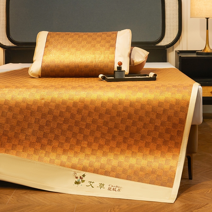 91家纺网 家纺一手货源 找家纺 大元 2026新款凉席刺绣艾草藤席 刺绣款-经典格