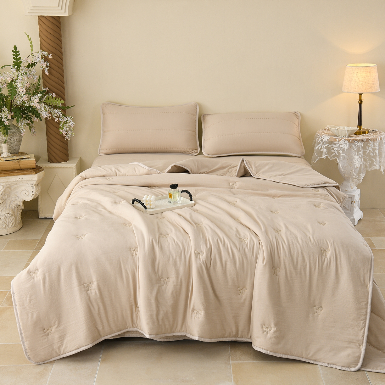 91家纺网 家纺一手货源 找家纺 推推家纺 2026新款水洗棉床盖夏被四件套 蝴蝶结-卡其