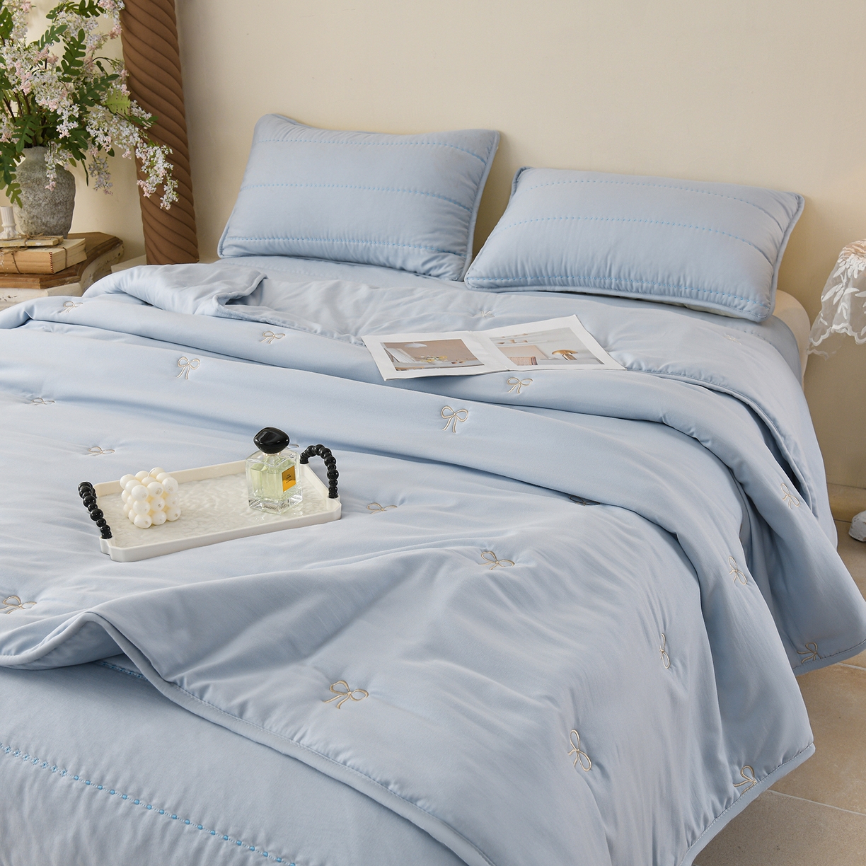 推推家纺 2026新款水洗棉床盖夏被四件套 蝴蝶结-蓝色