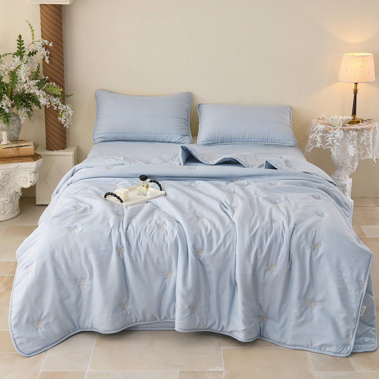 91家纺网 家纺一手货源 找家纺 推推家纺 2026新款水洗棉床盖夏被四件套 蝴蝶结-蓝色