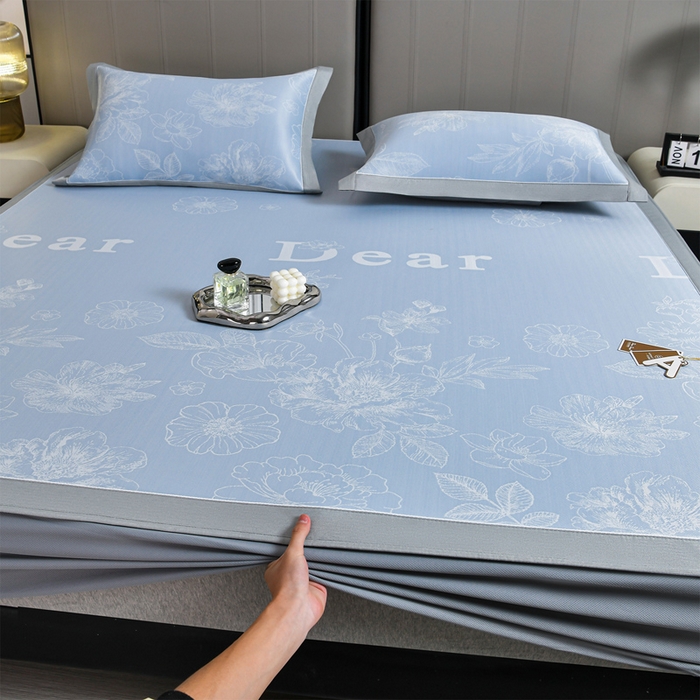 91家纺网 家纺一手货源 找家纺 小牛席业 2026春夏新款【实拍风格】PE凉感凉席席子-轻奢赫本（床笠款） 轻奢赫本-蓝色