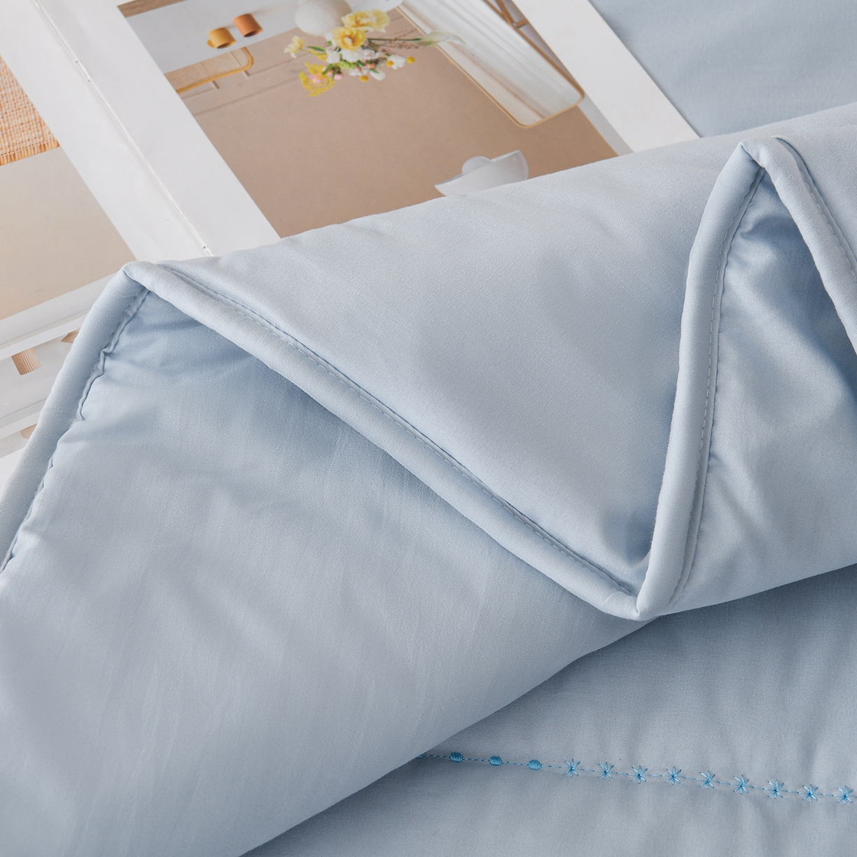 91家纺网 家纺一手货源 找家纺 推推家纺 2026新款水洗棉床盖夏被四件套 蝴蝶结-蓝色