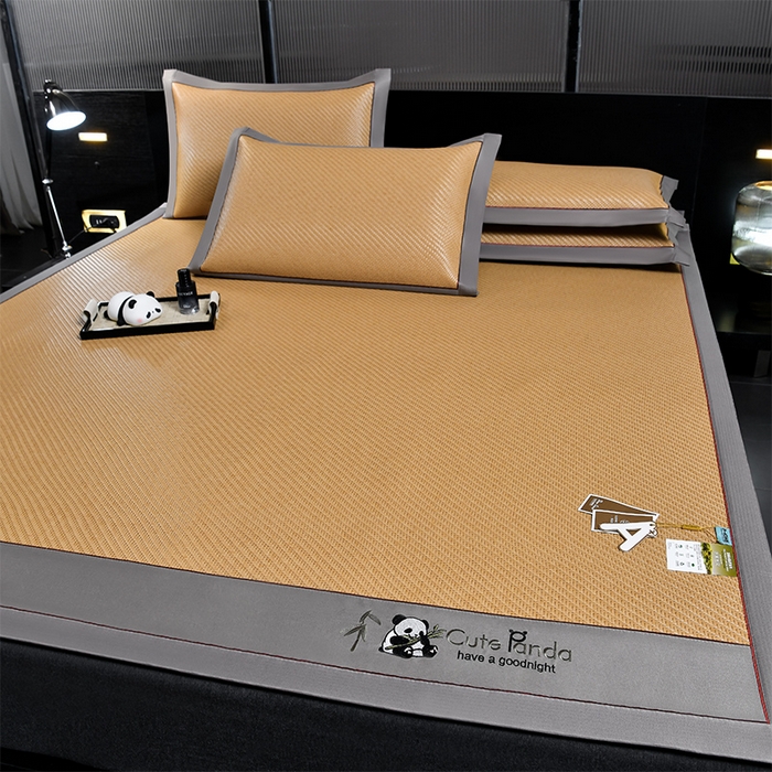 91家纺网 家纺一手货源 找家纺 小牛席业 2026春夏新款PE冷感霸王藤系列凉席席子（熊猫刺绣款） 熊猫刺绣款-黄色