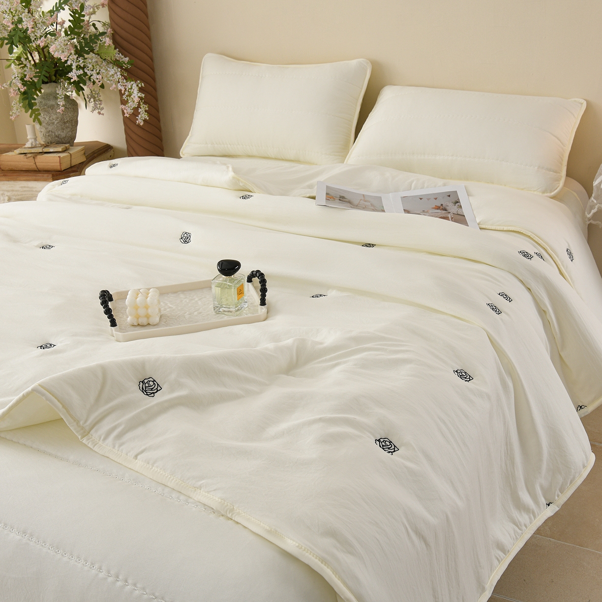 推推家纺 2026新款水洗棉床盖夏被四件套 玫瑰-米白
