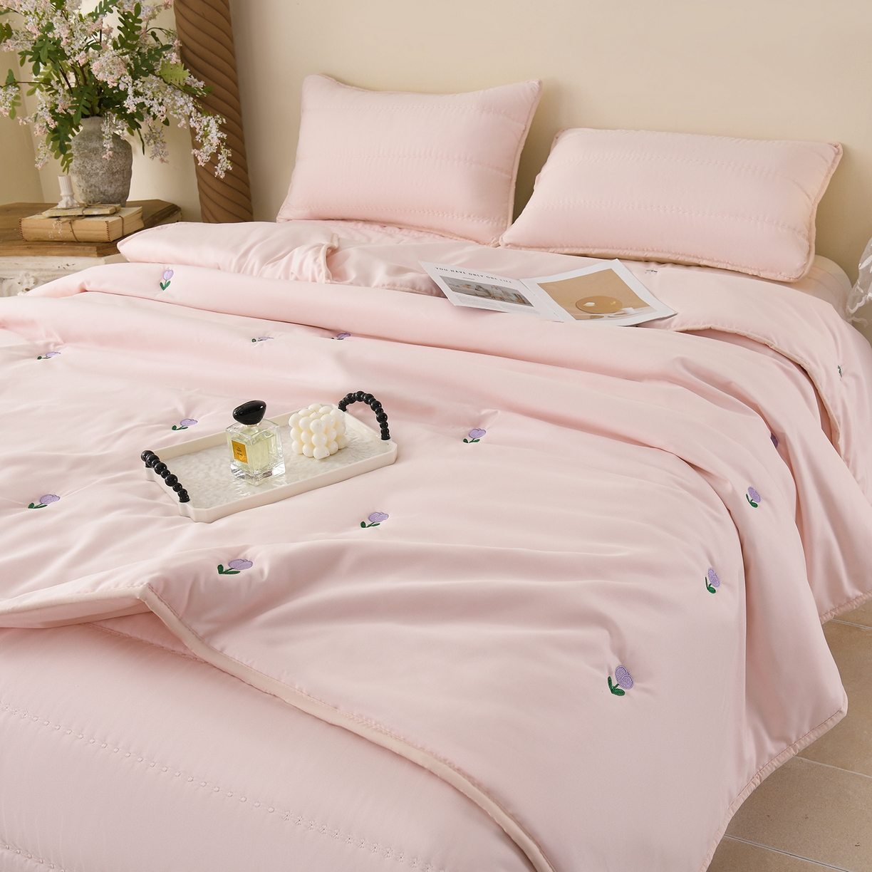 推推家纺 2026新款水洗棉床盖夏被四件套 郁金香-粉色