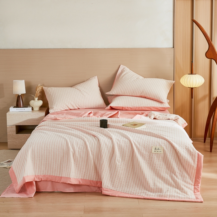 91家纺网 家纺一手货源 找家纺 （总）鸣升家纺 2026新款A类全棉水洗棉条纹提花大豆纤维夏被四件套空调被