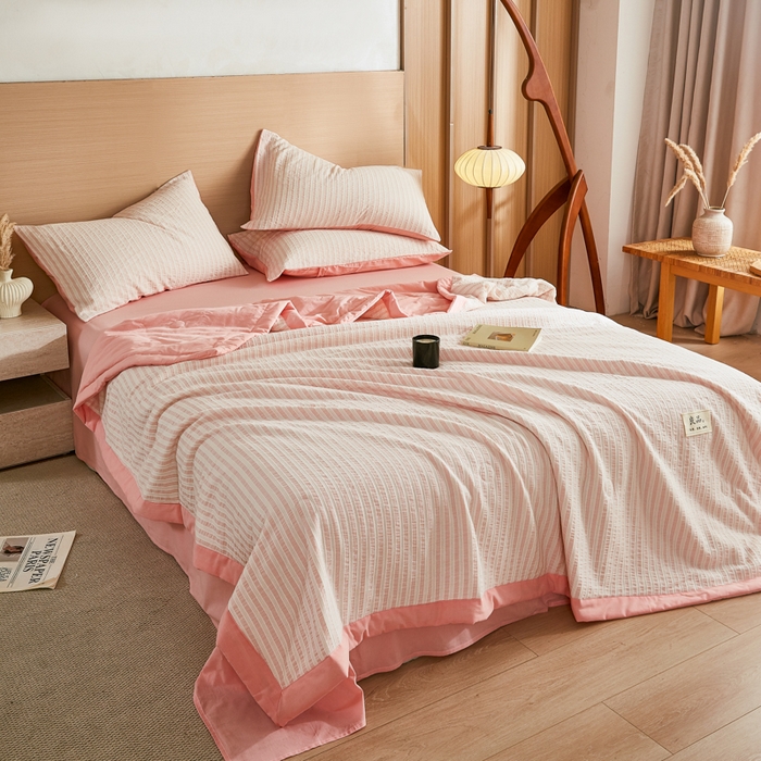 91家纺网 家纺一手货源 找家纺 （总）鸣升家纺 2026新款A类全棉水洗棉条纹提花大豆纤维夏被四件套空调被