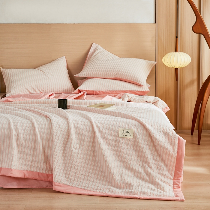 91家纺网 家纺一手货源 找家纺 （总）鸣升家纺 2026新款A类全棉水洗棉条纹提花大豆纤维夏被四件套空调被