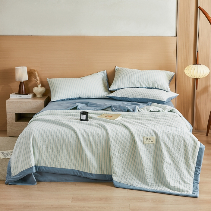 91家纺网 家纺一手货源 找家纺 鸣升家纺 2026新款A类全棉水洗棉条纹提花大豆纤维夏被四件套空调被 条纹提花蓝