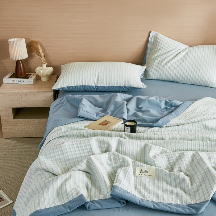 91家纺网 家纺一手货源 找家纺 鸣升家纺 2026新款A类全棉水洗棉条纹提花大豆纤维夏被四件套空调被 条纹提花蓝