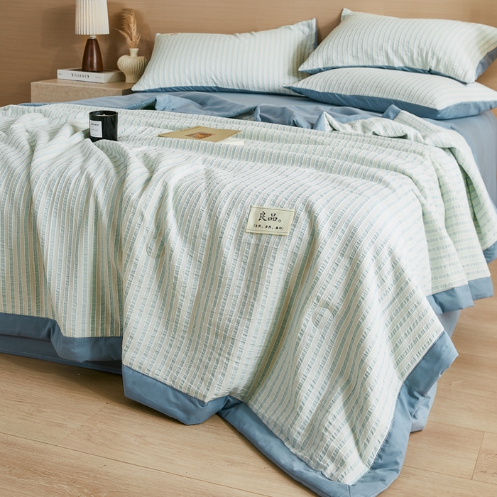 91家纺网 家纺一手货源 找家纺 鸣升家纺 2026新款A类全棉水洗棉条纹提花大豆纤维夏被四件套空调被 条纹提花蓝
