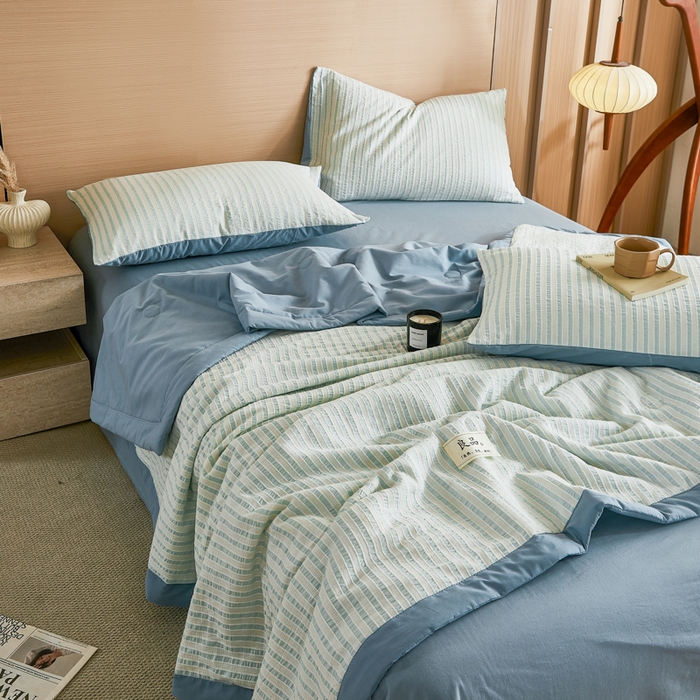91家纺网 家纺一手货源 找家纺 鸣升家纺 2026新款A类全棉水洗棉条纹提花大豆纤维夏被四件套空调被 条纹提花蓝