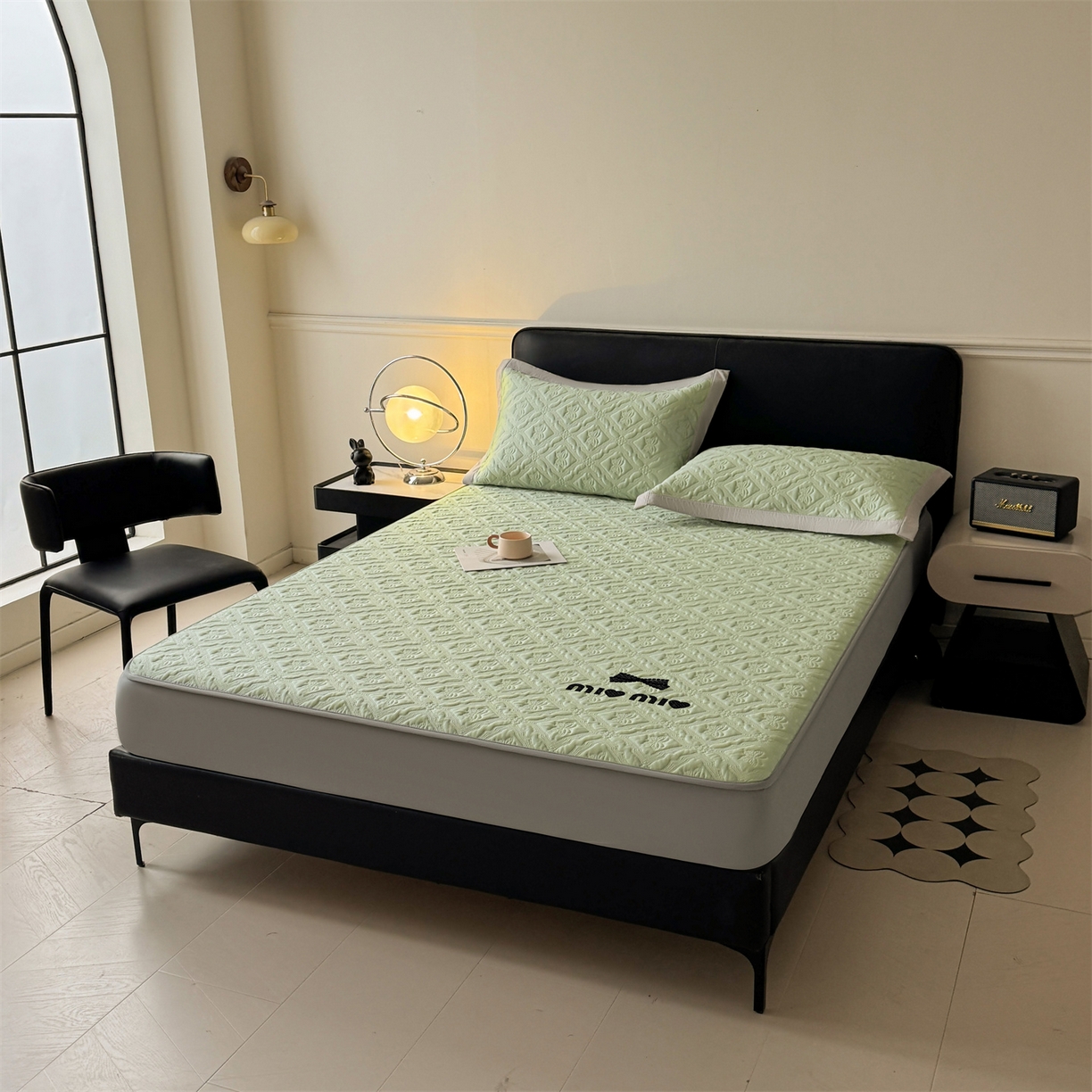 91家纺网 家纺一手货源 找家纺 梵克保罗 2026春夏新款立体刺绣乙纶夏凉凉席-蝶韵-床笠款 蝶韵 冰清绿