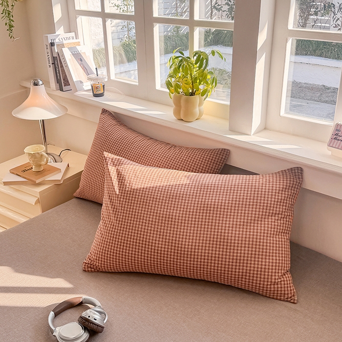 梦依依 2026新款全棉色织水洗棉拉链款单品枕套 琥珀红