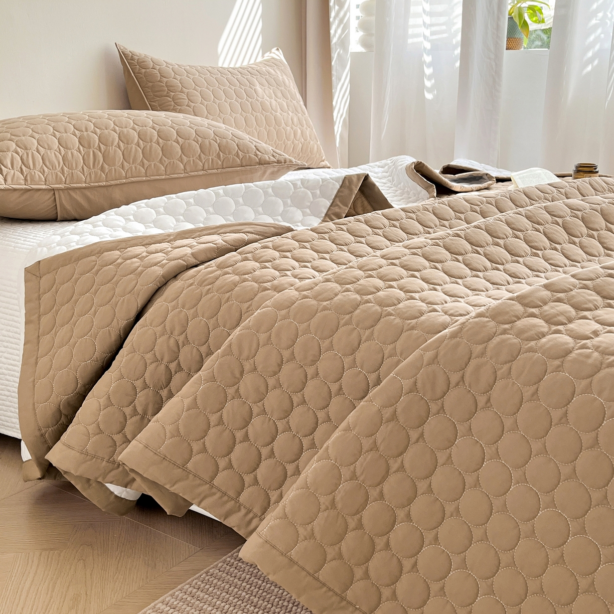 91家纺网 家纺一手货源 找家纺 其奥家纺 2026新款全棉水洗棉夹棉床盖三件套-同心圆系列 摩咖