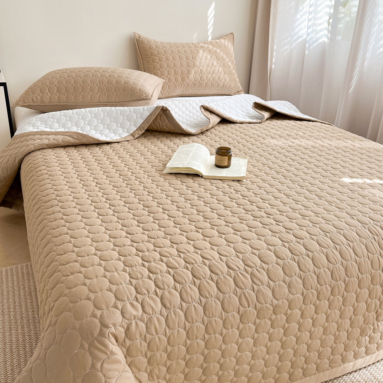 91家纺网 家纺一手货源 找家纺 其奥家纺 2026新款全棉水洗棉夹棉床盖三件套-同心圆系列 摩咖