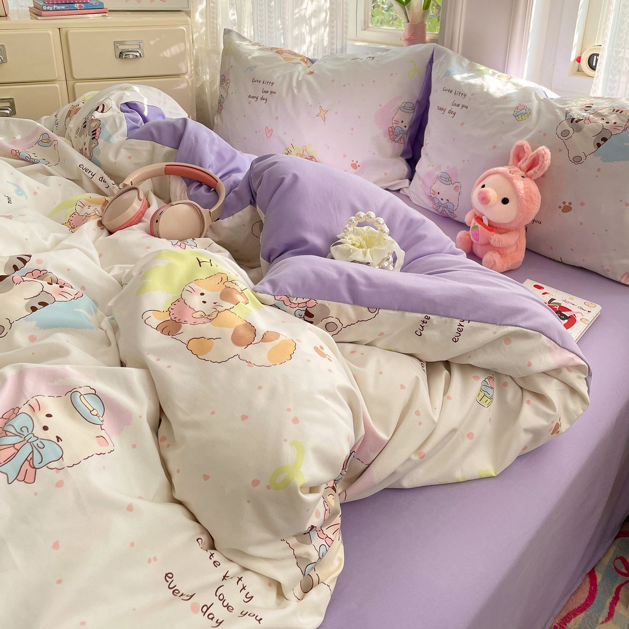 91家纺网 家纺一手货源 找家纺 卡斯诺家纺馆 2026新款古法水洗仿棉四件套（下载文件包含买家秀） 奶糖小猫