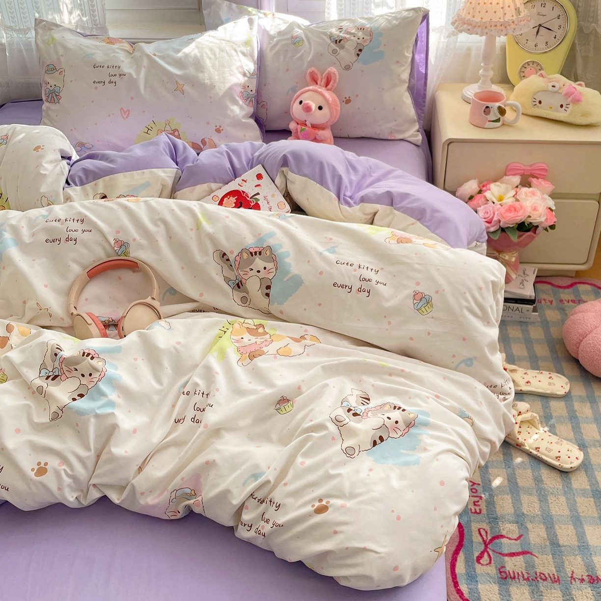 91家纺网 家纺一手货源 找家纺 卡斯诺家纺馆 2026新款古法水洗仿棉四件套（下载文件包含买家秀） 奶糖小猫