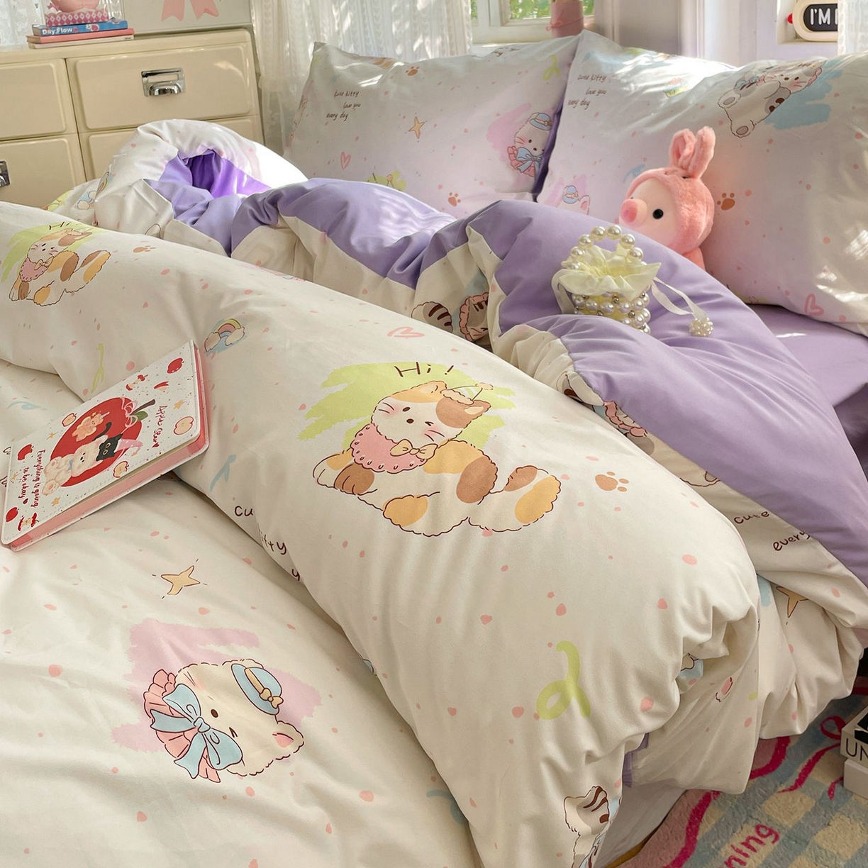 91家纺网 家纺一手货源 找家纺 卡斯诺家纺馆 2026新款古法水洗仿棉四件套（下载文件包含买家秀） 奶糖小猫