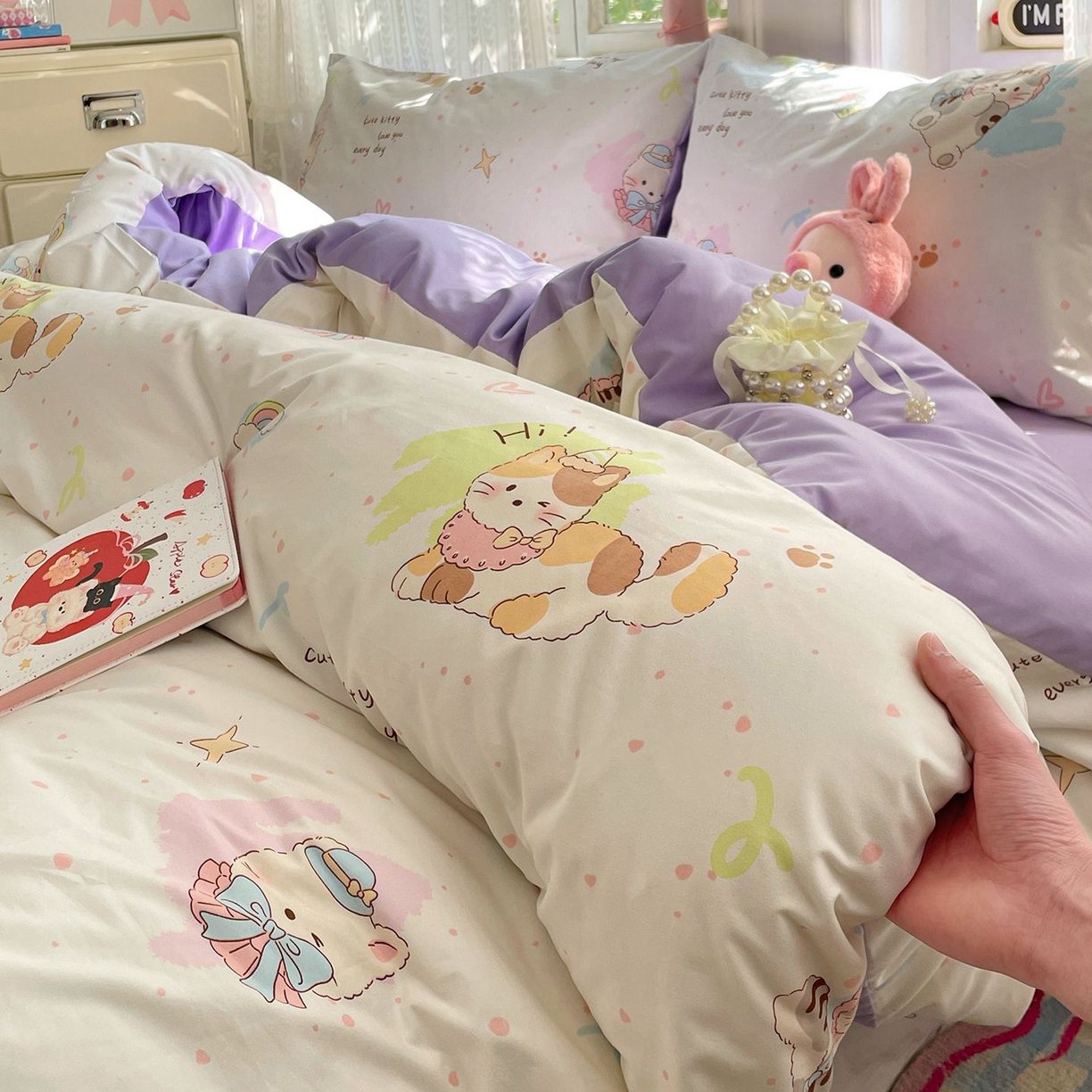 91家纺网 家纺一手货源 找家纺 卡斯诺家纺馆 2026新款古法水洗仿棉四件套（下载文件包含买家秀） 奶糖小猫