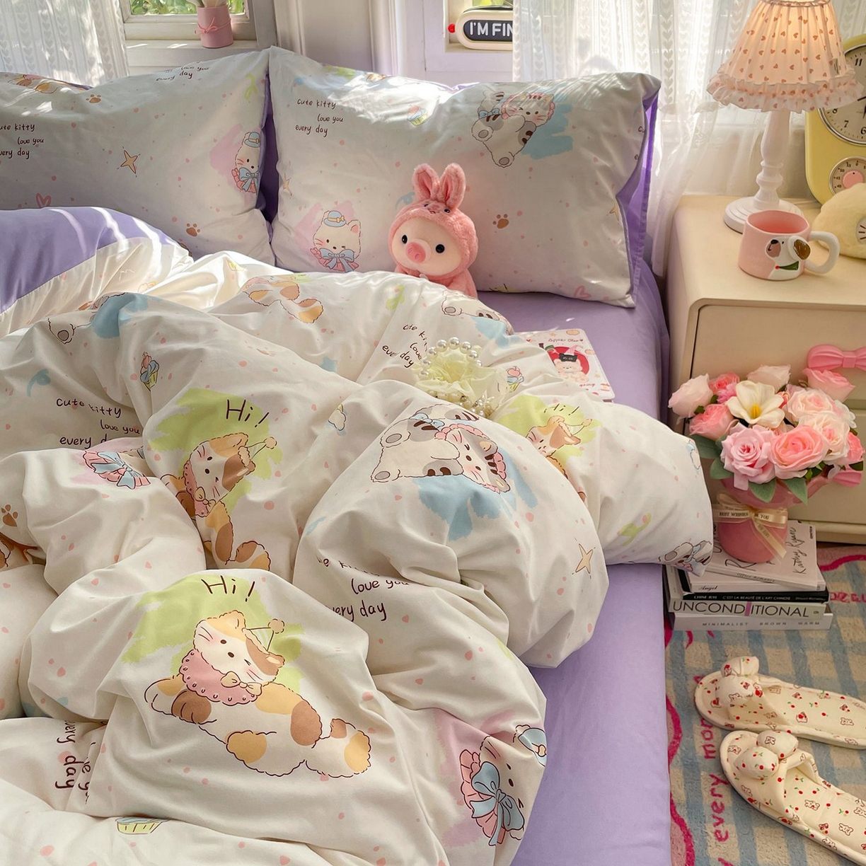 91家纺网 家纺一手货源 找家纺 卡斯诺家纺馆 2026新款古法水洗仿棉四件套（下载文件包含买家秀） 奶糖小猫