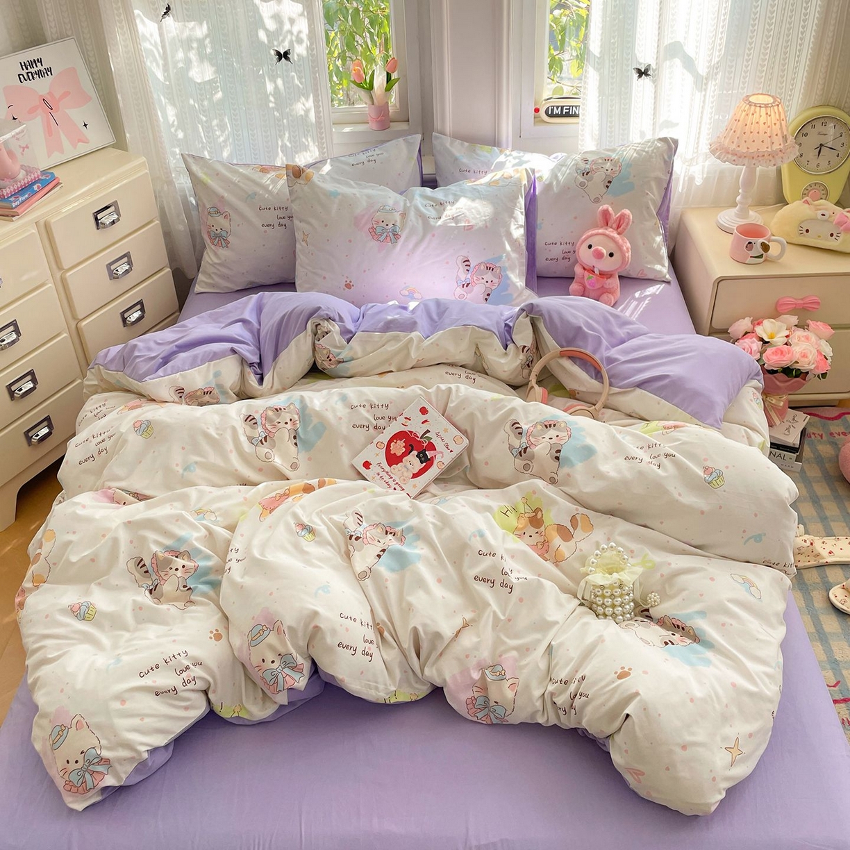 91家纺网 家纺一手货源 找家纺 卡斯诺家纺馆 2026新款古法水洗仿棉四件套（下载文件包含买家秀） 奶糖小猫