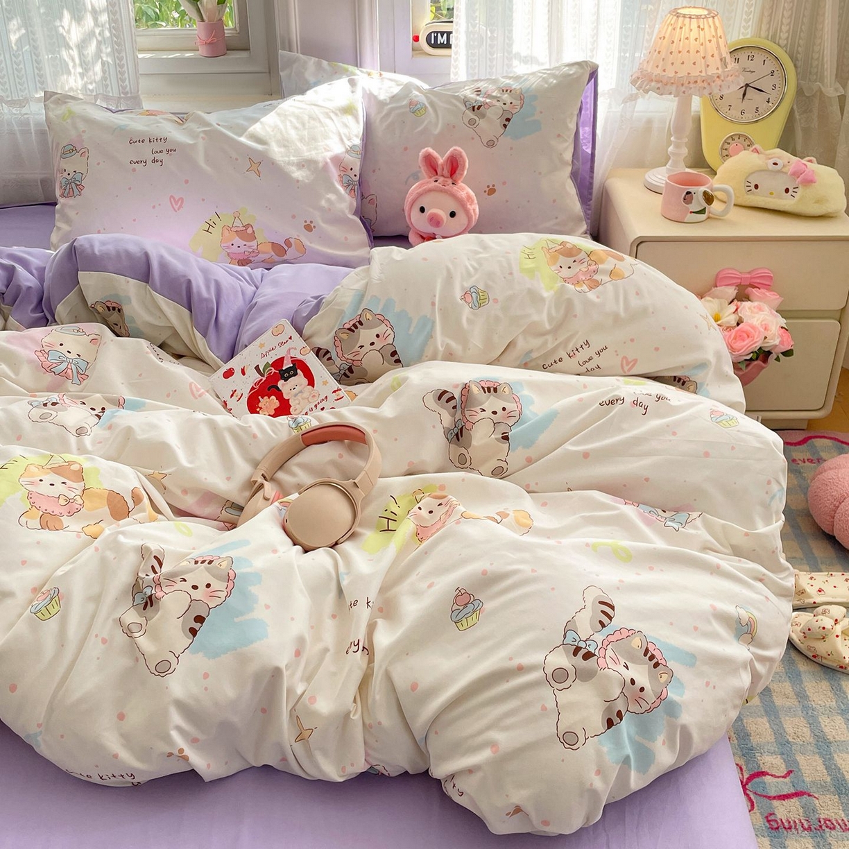 91家纺网 家纺一手货源 找家纺 卡斯诺家纺馆 2026新款古法水洗仿棉四件套（下载文件包含买家秀） 奶糖小猫