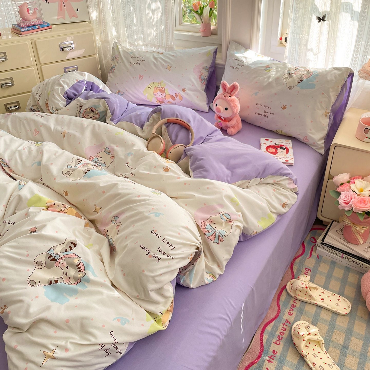 91家纺网 家纺一手货源 找家纺 卡斯诺家纺馆 2026新款古法水洗仿棉四件套（下载文件包含买家秀） 奶糖小猫