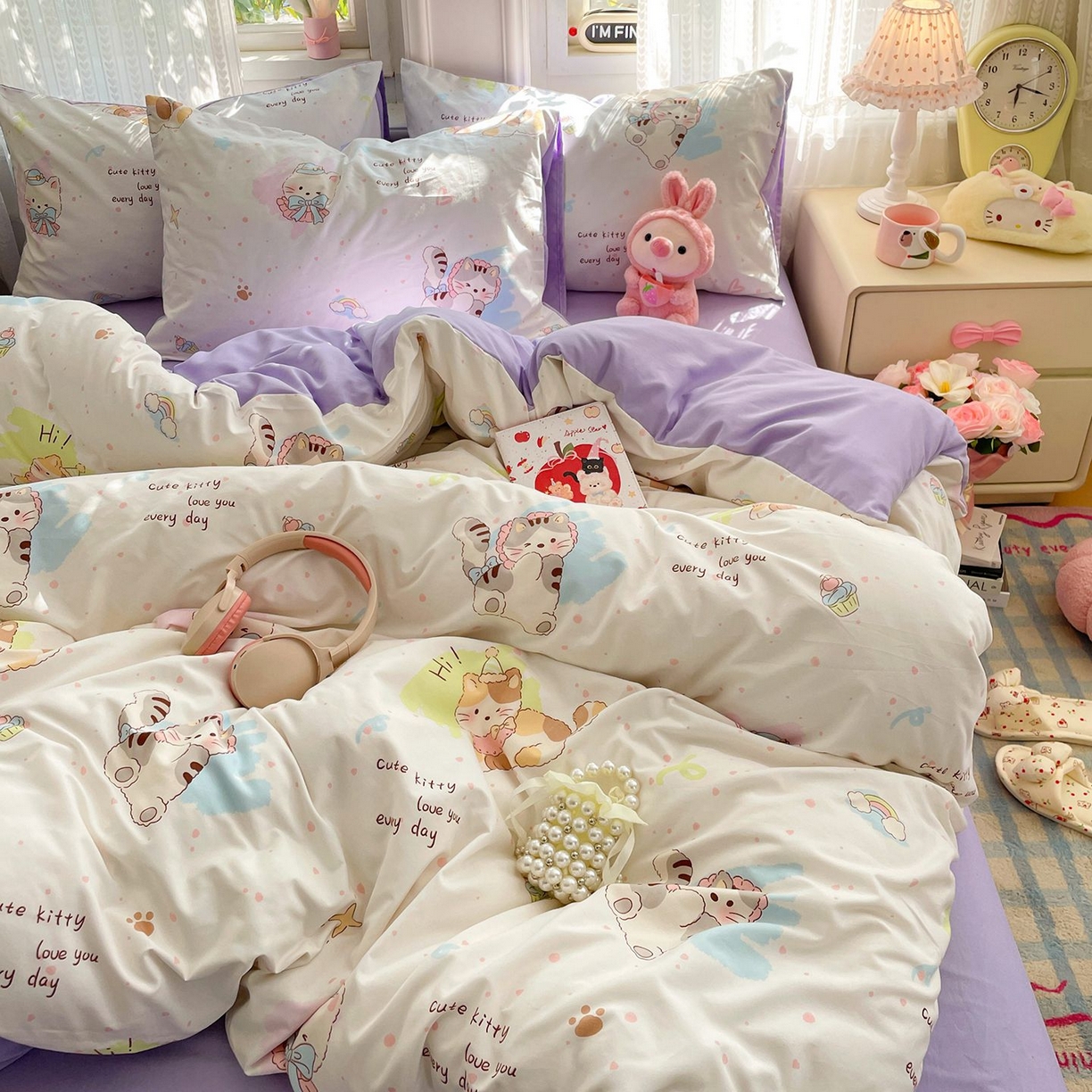 91家纺网 家纺一手货源 找家纺 卡斯诺家纺馆 2026新款古法水洗仿棉四件套（下载文件包含买家秀） 奶糖小猫