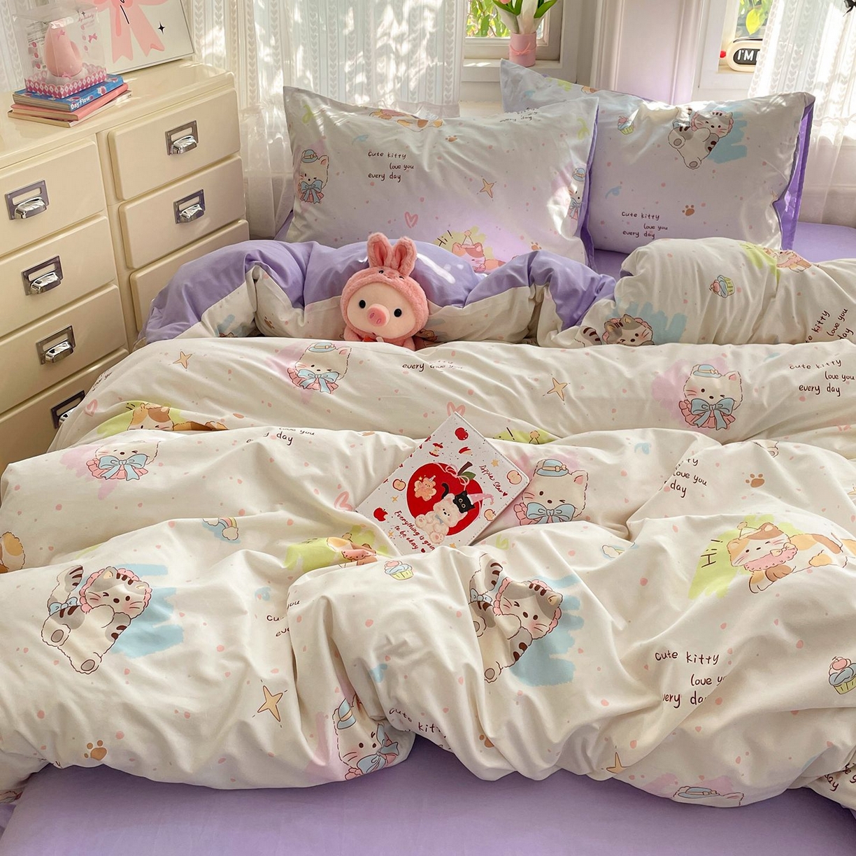 91家纺网 家纺一手货源 找家纺 卡斯诺家纺馆 2026新款古法水洗仿棉四件套（下载文件包含买家秀） 奶糖小猫