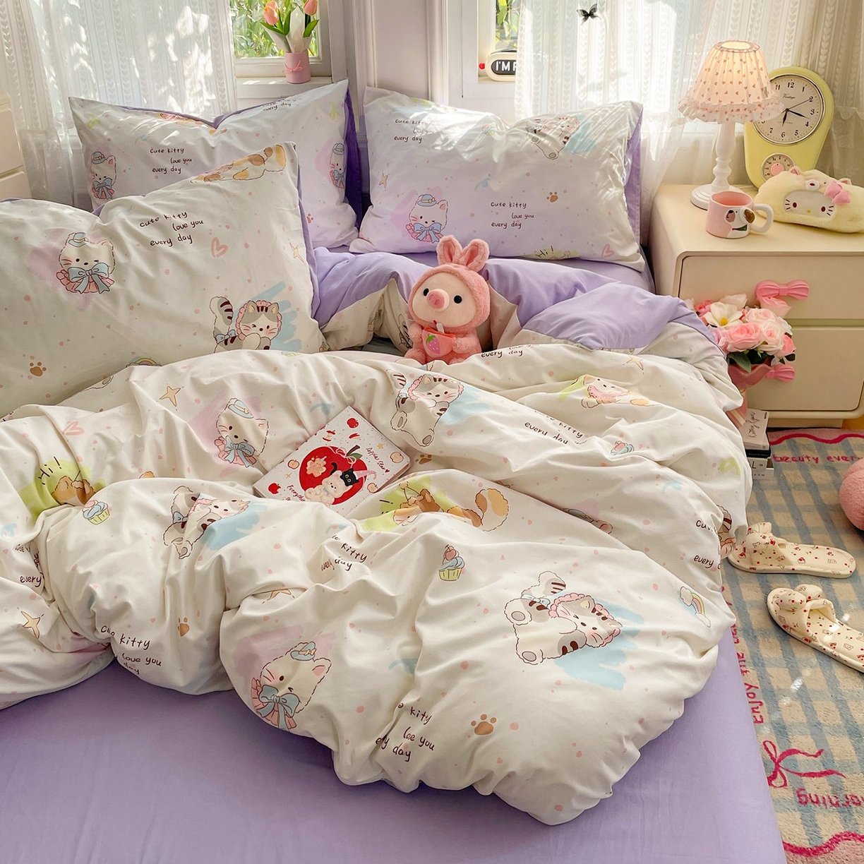 91家纺网 家纺一手货源 找家纺 卡斯诺家纺馆 2026新款古法水洗仿棉四件套（下载文件包含买家秀） 奶糖小猫