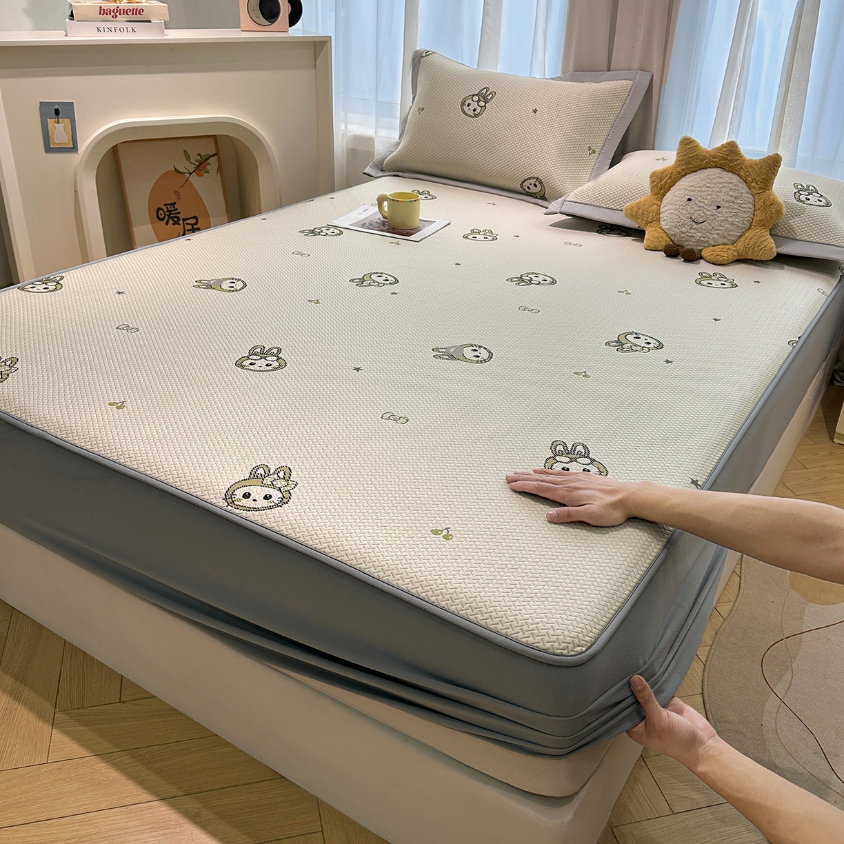 梵克保罗 2026新款卡通实拍小红书爆款凉豆豆凉席100%PE 乙纶凉感可水洗床席席子-床笠款 可爱布布