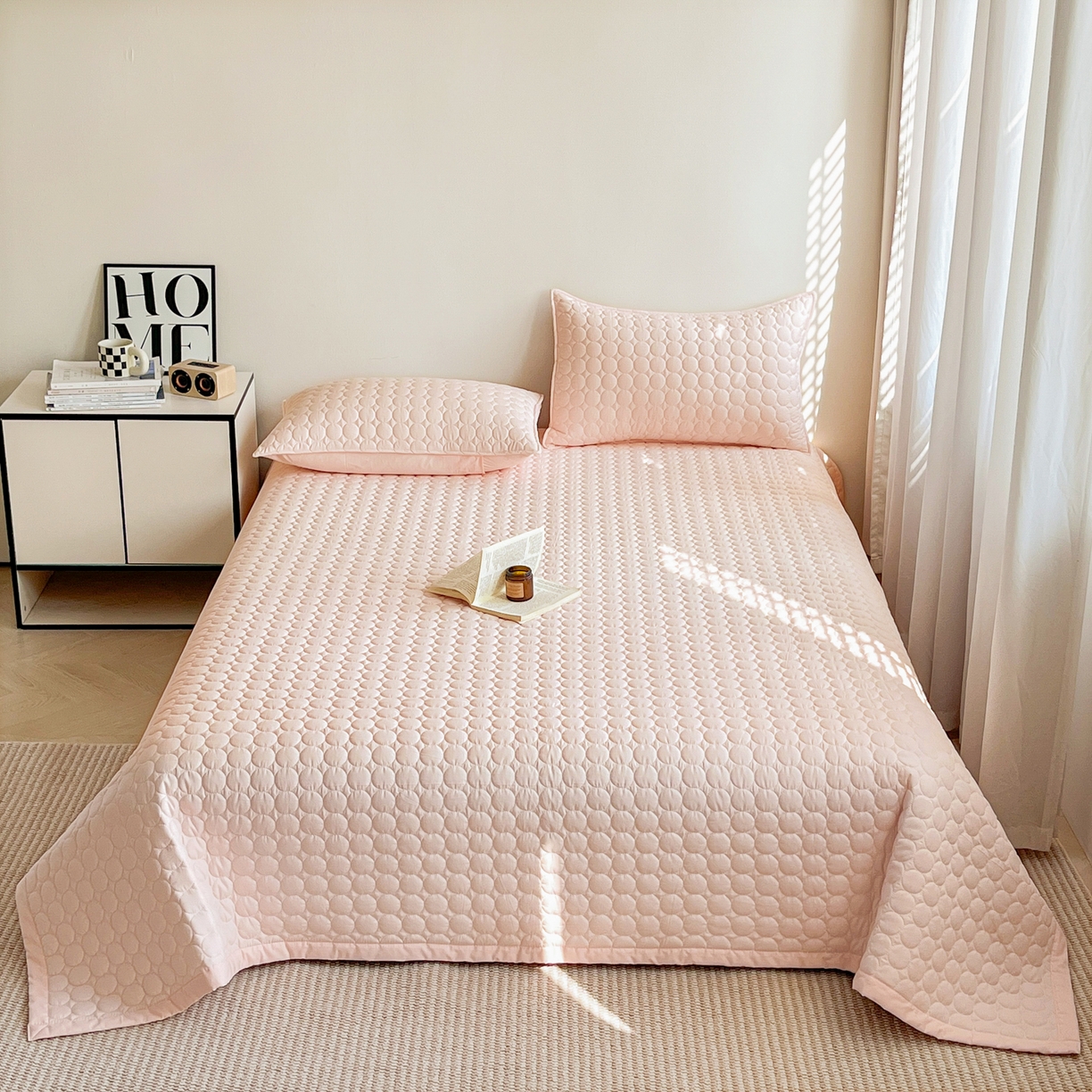 91家纺网 家纺一手货源 找家纺 其奥家纺 2026新款全棉水洗棉夹棉床盖三件套-同心圆系列 清新粉