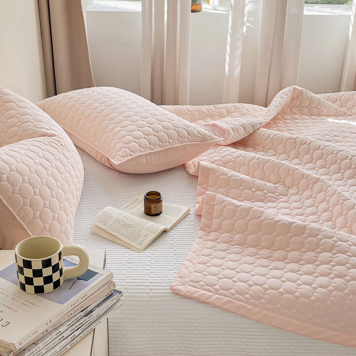 91家纺网 家纺一手货源 找家纺 其奥家纺 2026新款全棉水洗棉夹棉床盖三件套-同心圆系列 清新粉