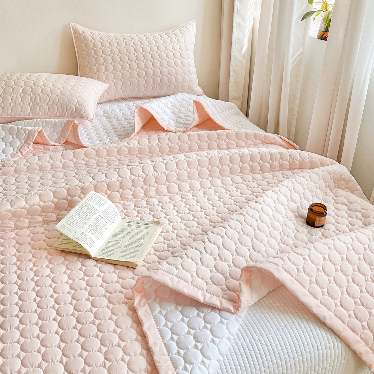 91家纺网 家纺一手货源 找家纺 其奥家纺 2026新款全棉水洗棉夹棉床盖三件套-同心圆系列 清新粉