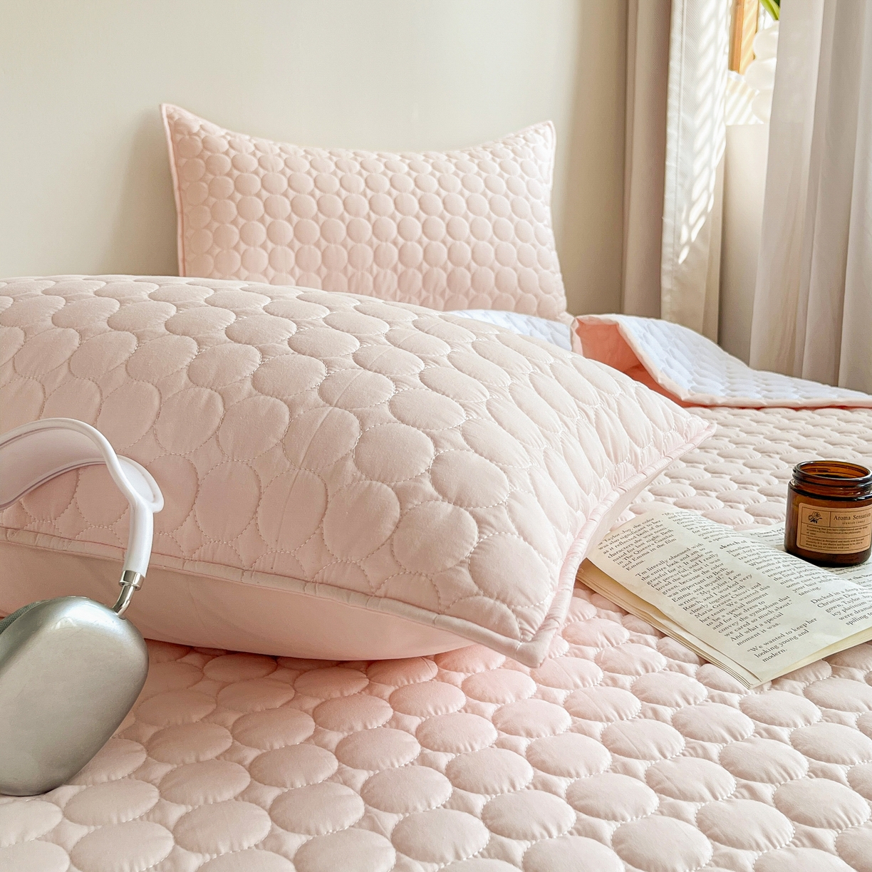 91家纺网 家纺一手货源 找家纺 其奥家纺 2026新款全棉水洗棉夹棉床盖三件套-同心圆系列 清新粉