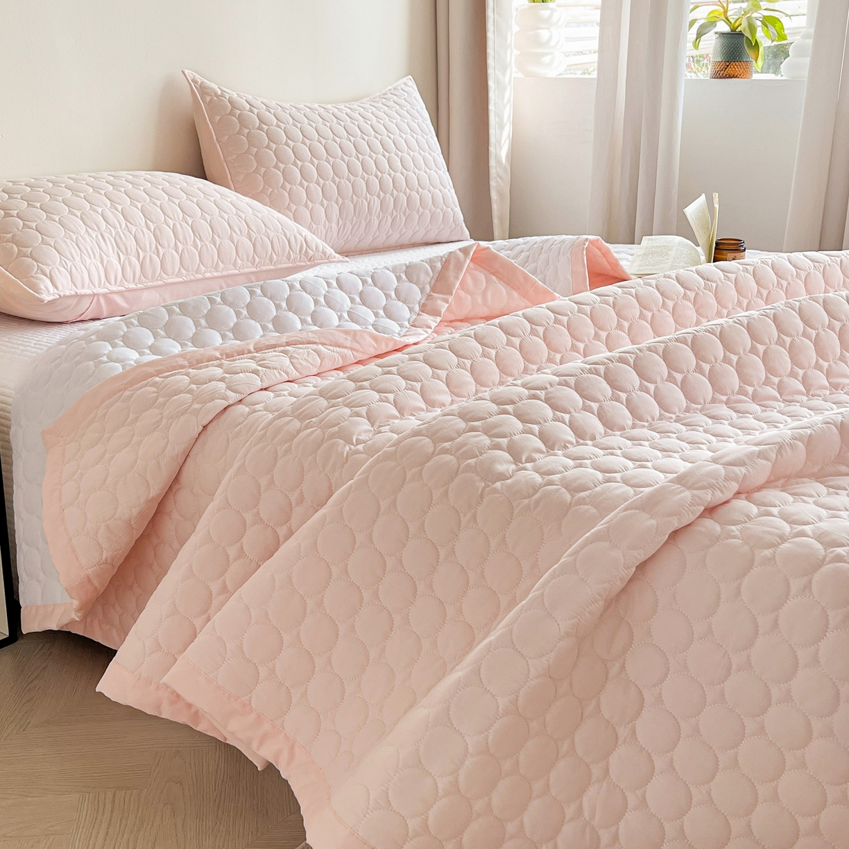 91家纺网 家纺一手货源 找家纺 其奥家纺 2026新款全棉水洗棉夹棉床盖三件套-同心圆系列 清新粉