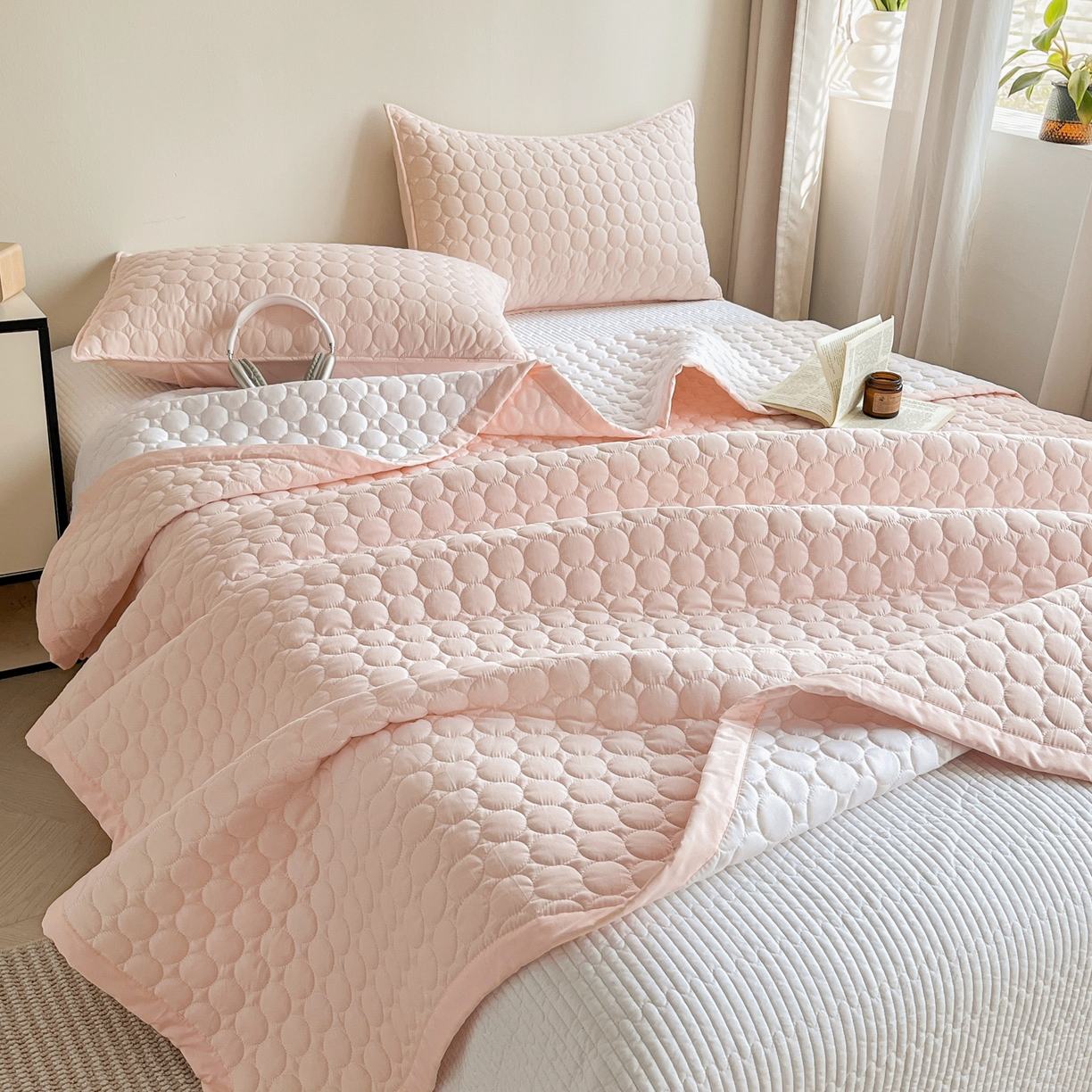 91家纺网 家纺一手货源 找家纺 其奥家纺 2026新款全棉水洗棉夹棉床盖三件套-同心圆系列 清新粉