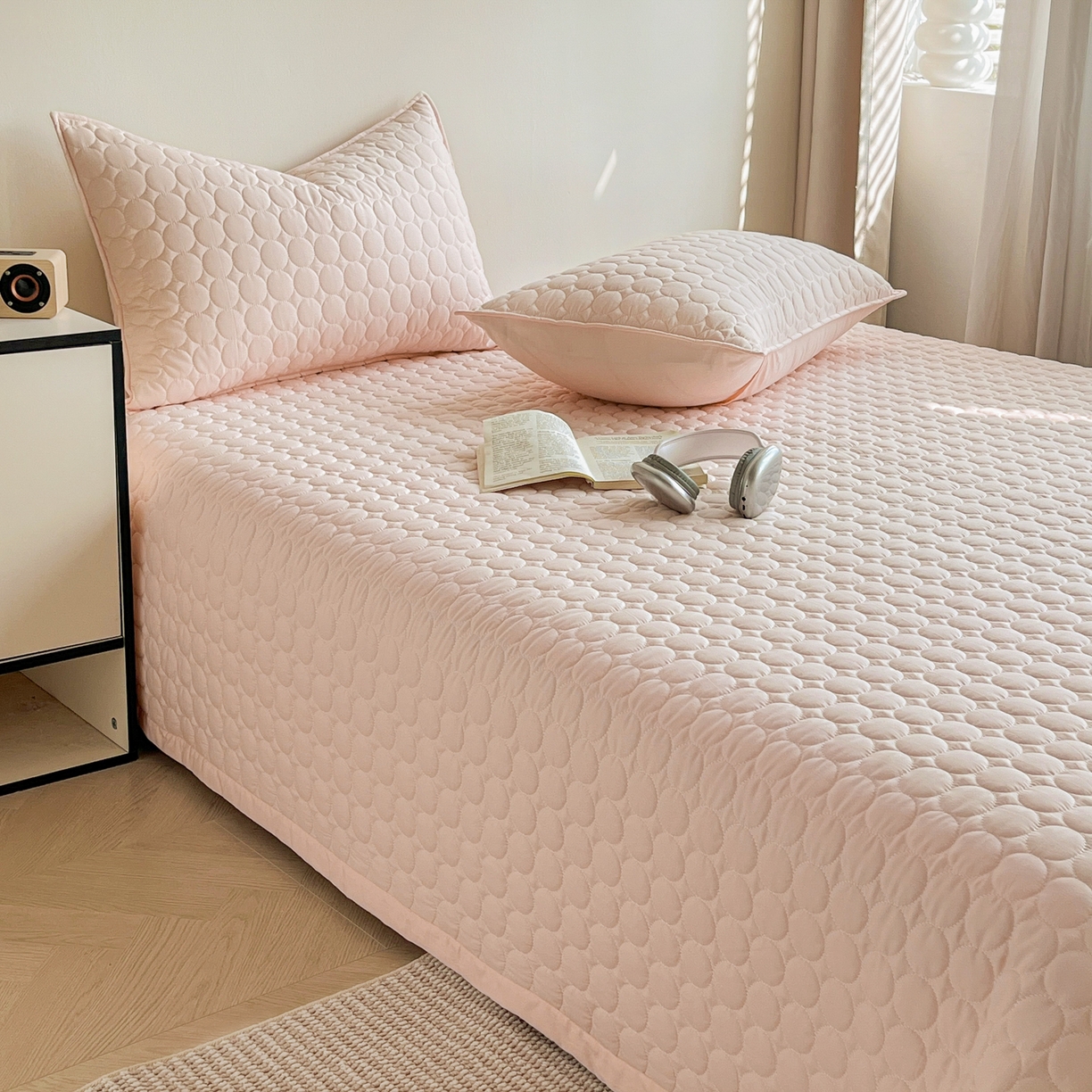 91家纺网 家纺一手货源 找家纺 其奥家纺 2026新款全棉水洗棉夹棉床盖三件套-同心圆系列 清新粉