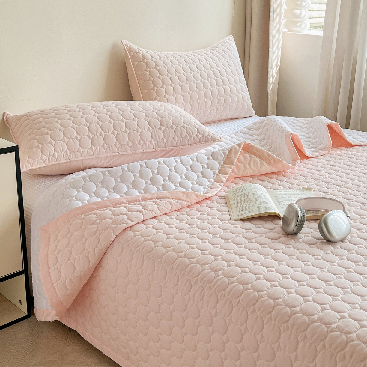 91家纺网 家纺一手货源 找家纺 其奥家纺 2026新款全棉水洗棉夹棉床盖三件套-同心圆系列 清新粉