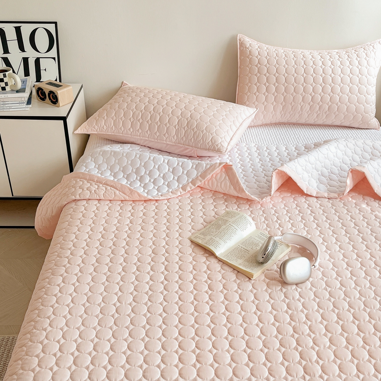 91家纺网 家纺一手货源 找家纺 其奥家纺 2026新款全棉水洗棉夹棉床盖三件套-同心圆系列 清新粉