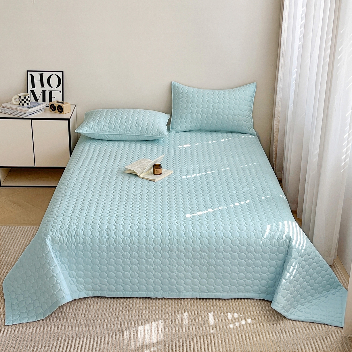 91家纺网 家纺一手货源 找家纺 其奥家纺 2026新款全棉水洗棉夹棉床盖三件套-同心圆系列 天空蓝