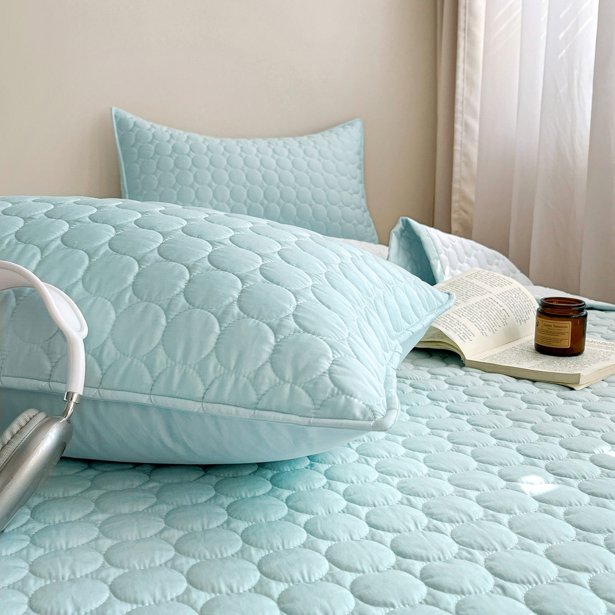 91家纺网 家纺一手货源 找家纺 其奥家纺 2026新款全棉水洗棉夹棉床盖三件套-同心圆系列 天空蓝